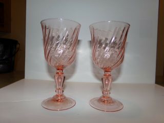 Vintage Pink Depression Glass Goblets Swirl Pattern Marked France On The Bottom