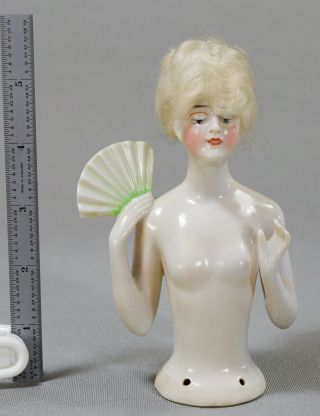 Large German Half - Doll With Fan Blonde Hair Arms Away Pincushion