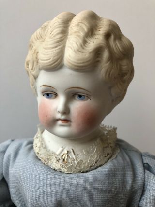 Antique German 17” Blonde Parian China Head Doll Molded Collar