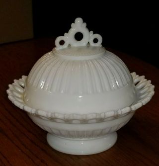 Vintage Lace Edge Pedestal Footed Milk Glass Dish Bowl Candy With Cover 6” Tall
