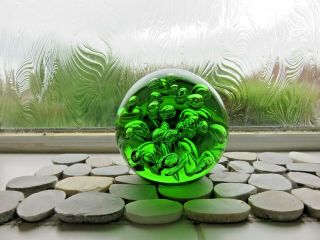 Large Vintage Emerald Green,  Controlled Bubble Art,  Glass Dump Weight,  Paper Weight