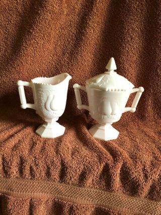 Vintage Jeanette Shell Pink Milk Glass Footed Cream And Sugar Balt.  Pear