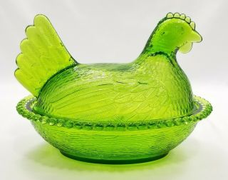 Vintage Green Indiana Glass Hen On A Nest Covered Dish Chicken Candy Dish 1058