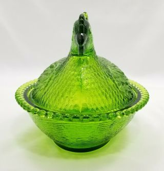 Vintage Green Indiana Glass Hen on a Nest Covered Dish Chicken Candy Dish 1058 2