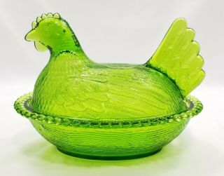 Vintage Green Indiana Glass Hen on a Nest Covered Dish Chicken Candy Dish 1058 3