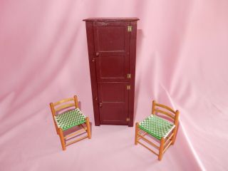 Outstanding Artist Made Shaker Doll House Chimney Cupboard With Two Chairs