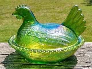 Indiana Carnival Glass Iridescent Lime Green Hen On Nest Vintage Candy Dish