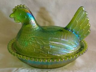 Indiana Carnival Glass Iridescent Lime Green Hen on Nest Vintage Candy Dish 2