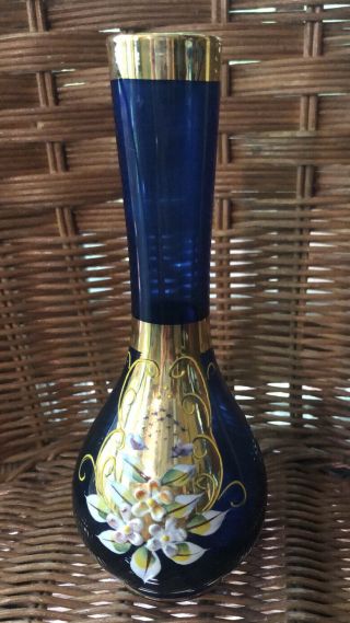 Vintage Bohemian Cobalt Art Glass Vase With Hand Painted Raised Flowers 8 " High