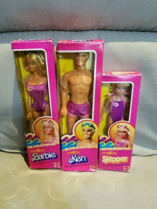 Sunsational Malibu Barbie 1067 Ken 1088 & Skipper 1069 Mattel " Vintage "