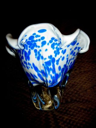Heavy 5.  6 Lb Vintage 3 - Tone Murano Art Glass Blue/white/clear Vase Bowl 6.  5 "