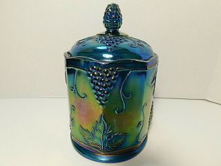 Vintage Carnival Glass Blue Harvest By Colony Compote Candy Dish With Lid