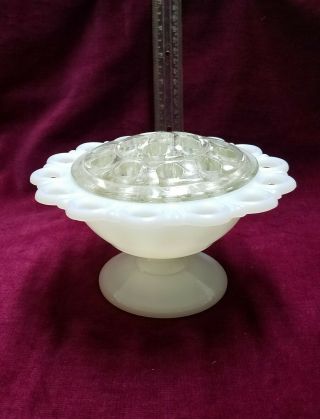 Vintage White Milk Glass Pedestal Vase Bowl W/ Lace Edge 15 - Hole Glass Frog