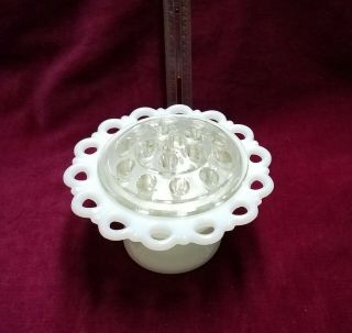 Vintage White Milk Glass Pedestal Vase Bowl w/ Lace Edge 15 - Hole Glass Frog 2