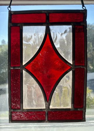 Vtg Stained Glass Leaded Window Suncatcher Red Diamond Design Small 8.  5 " X 6 "