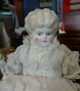 Antique 17 - Inch Blonde China Head Doll W/ Rare Flag - Print Body In Great Fluffy