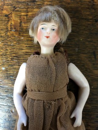 Antique German Bisque 6 " Dollhouse Doll W/ Bosom & Bobbed Wig Flapper