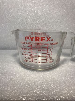 Vtg Pyrex Glass 4 Cup/1 Quart/1 Liter Measuring Cup Open Handle Red Letters