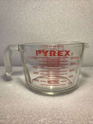 Vtg Pyrex Glass 4 Cup/1 Quart/1 Liter Measuring Cup Open Handle Red Letters 3