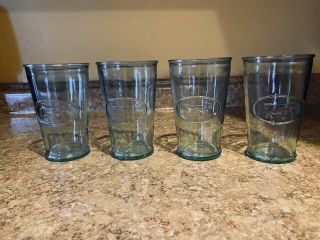 Set Of 4 Amici Global Italy Recycled Green Glass Milk Drinking Glasses W/ Cow