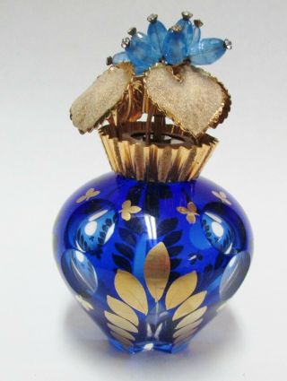 Vintage Cut Glass Cobalt To Clear Perfume Bottle W/rhinestone Flower Top