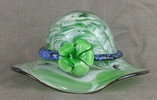 Vintage Murano Style Art Glass Green Hat Candy Dish/bowl With Flower