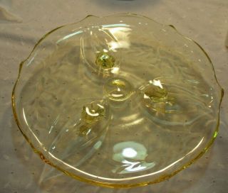 Lancaster Glass?? Yellow Petal 3 Footed Legged Cake Plate Pretty Etched Design