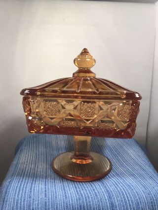 Vintage Amber Glass Square Candy Dish Pedestal Compote Fall Autumn 3
