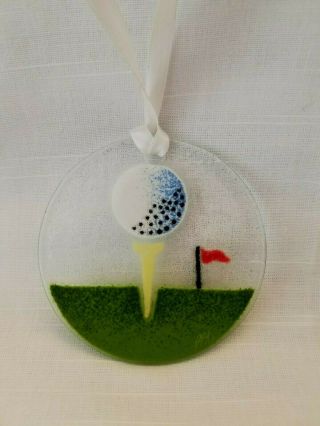 Peggy Karr Fused Glass Art Ornament Golf Ball Tee Suncatcher Xmas Signed 3 "