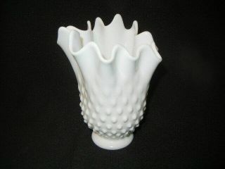 Vintage Fenton Milk Glass Hobnail Ruffled Crimp Edge Vase 7 " Tall