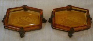 Pretty Czech Art Deco Amber Glass Intaglio Pin Dishes Metal & Paste Set