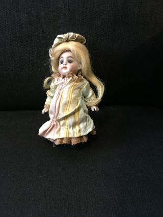 Antique Bisque German Dollhouse Mignonette Doll Glass Eyes,  Cute Costume Jointed