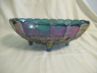 Vintage Blue Carnival Glass Large Oval Footed Fruit Bowl Blue Iridescent Dish