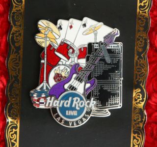Hard Rock Cafe Pin Las Vegas Live Guitar Amp Flame Dice Drumset Mic Playing Card