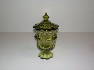 Vintage Green Glass Footed Candy Dish W/ Lid