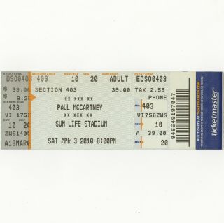 Paul Mccartney Concert Ticket Stub Miami Gardens,  Fl 4/3/10 Sun Life The Beatles