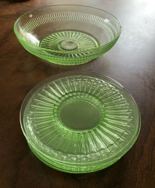 Vintage Set Of 7 Green Depression Glass Salad/sandwich Plates And Bowl