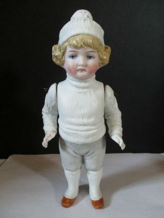 Antique German Bisque Girl Doll W/ Winter Outfit And Jointed Arms 7 1/2 " Tall