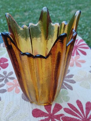 Mid Century Modern Vtg Art Glass Swung Vase Amber Hobnail Stretch 7 3/4 " Tall