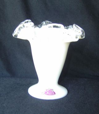 Fenton Silver Crest Ruffled Milk Glass Vase With Label 4 In EC 2