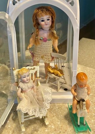 Small German Antique Dolls With Accessories,  Gazebo Diorama