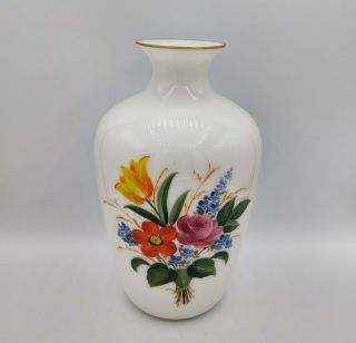 Vintage Large White Milk Glass Tall Vase Hand Painted Colorful Flower Bouquet