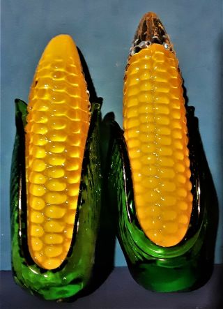 Pair Vintage Hand Blown Murano Style Art Glass Ear Of Corn On The Cob Paperweght