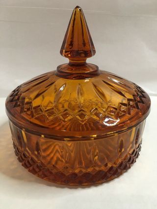 Vintage Amber Indiana Glass Covered Candy Dish In Princess Pattern