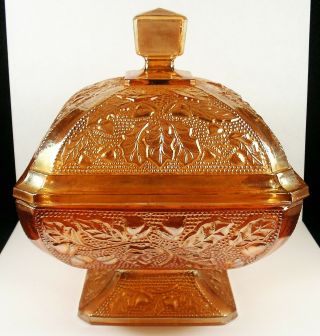 Vintage Jeannette Marigold Carnival Glass Acorn And Leaf Candy Compote.