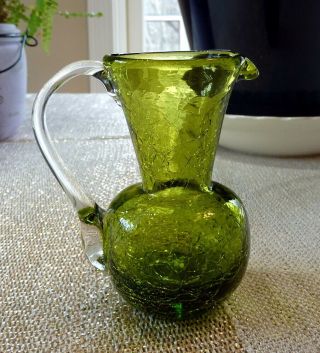 Vintage Avocado Green Blown Art Crackle Glass Mini Pitcher Creamer Vase