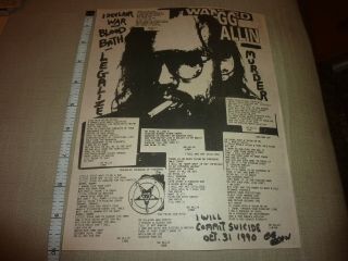 Gg Allin Suicide 1989 Lyrics Print Ad Newsprint Clipping Mrr Punk