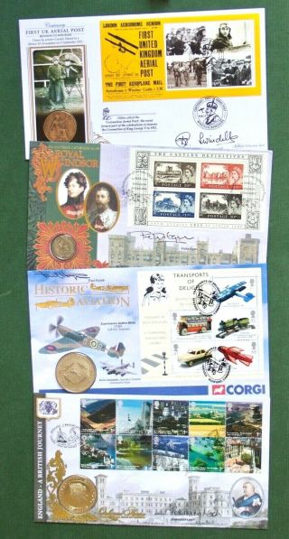 Four Signed First Day Coin Covers - Aerial Post - Castles - Aviation - England.
