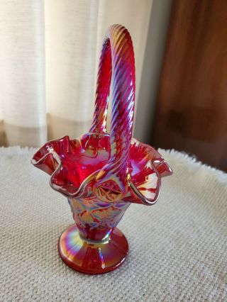 Red Iridescent Carnival Glass Small Basket 7 "