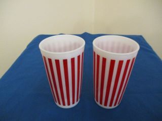Two Vintage Hazel Atlas Red Candy Stripe Drinking Milk Glass Tumblers